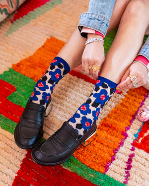 Sock Candy Bold Blue floral sheer sock blue floral socks and loafers